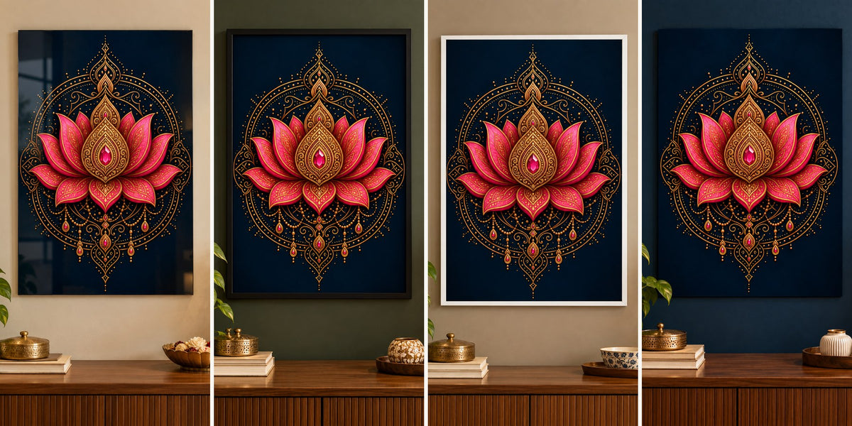 Ornate Pink Lotus Mandala wall art shown in four finishes: acrylic, black frame, white frame and unframed poster