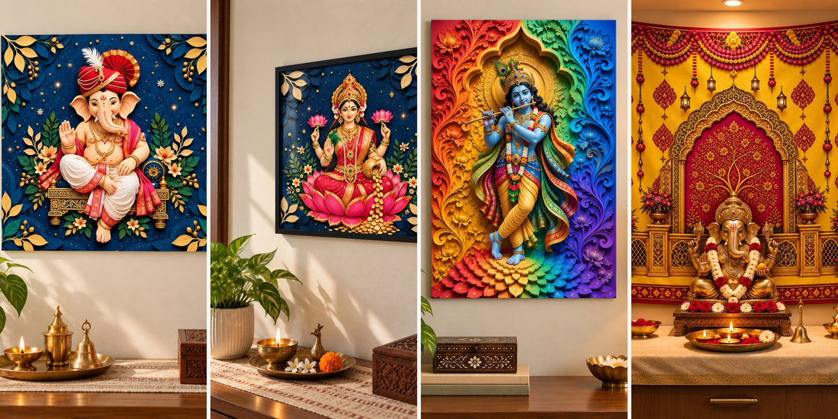 Ganesh, Laxmi and Krishna wall art and a Golden Tree pooja backdrop, gift ideas under ₹1,000