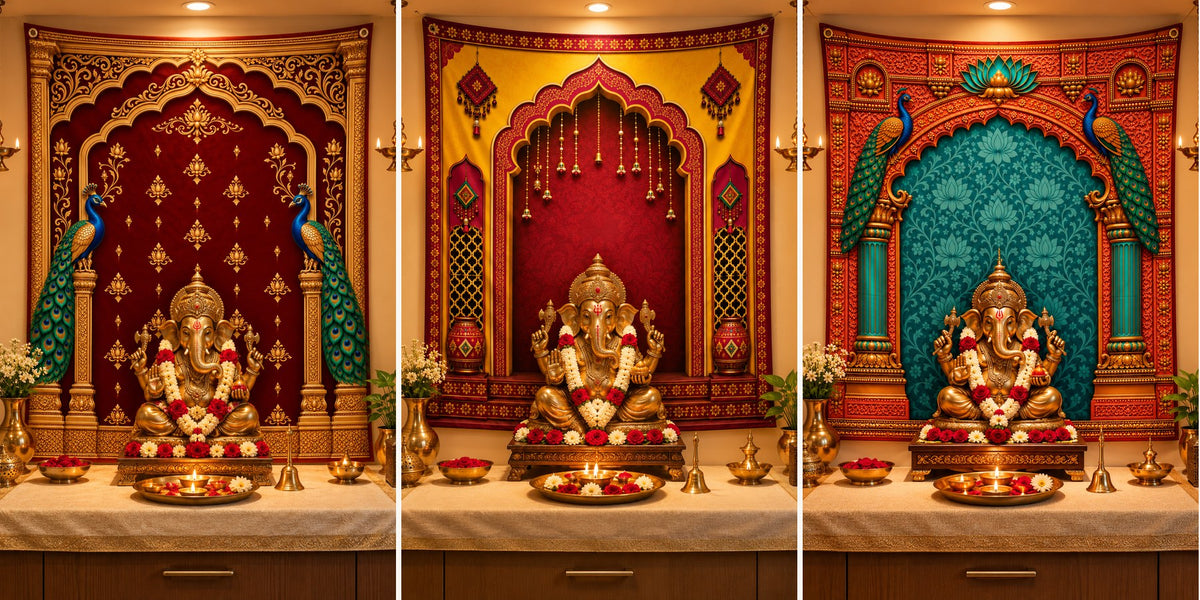 Three home mandirs decorated for Diwali with maroon, red and yellow, and teal temple-arch backdrops behind brass Ganesha murtis