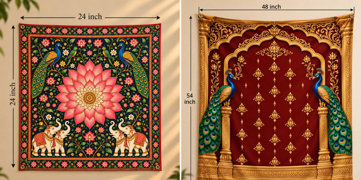 Two pooja backdrops with their sizes marked: a 24 by 24 inch Pichwai design and a 48 by 54 inch golden arch design
