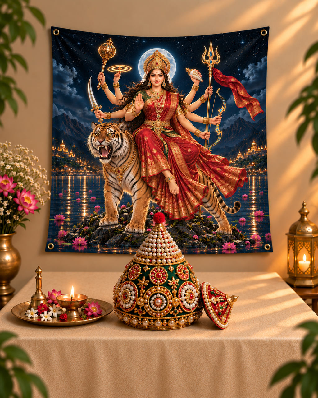 Devi in Night River Tapestry