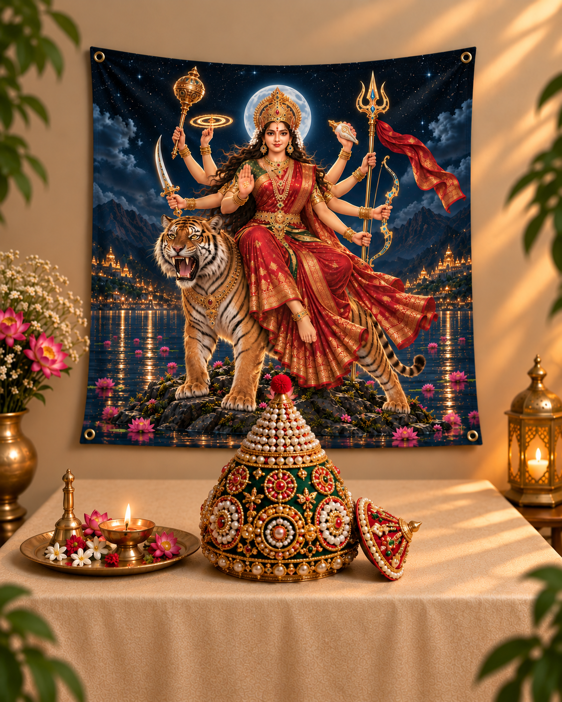Devi in Night River Tapestry
