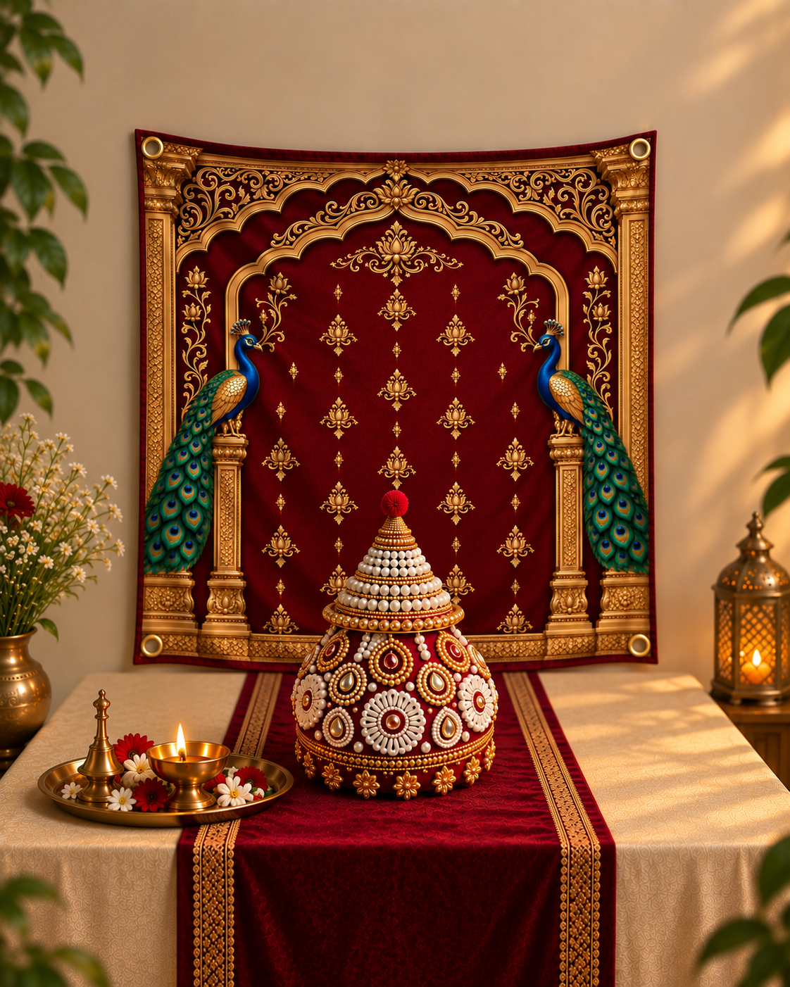 Golden Arch Maroon Background With Peacock Tapestry