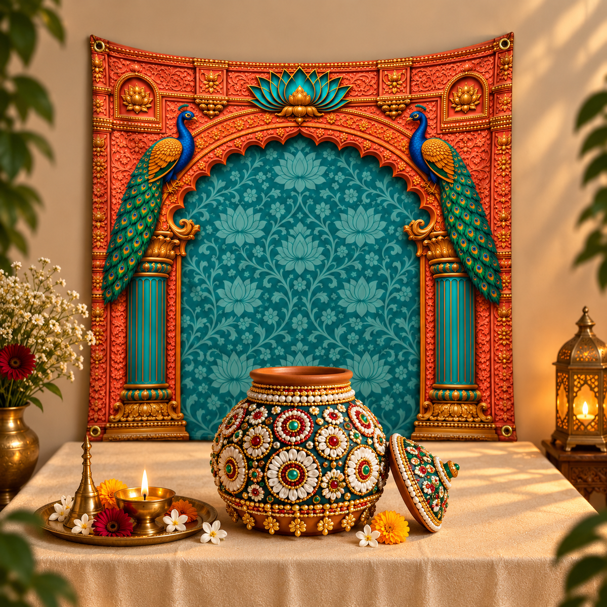 Teal Palace Archway Peacock Tapestry