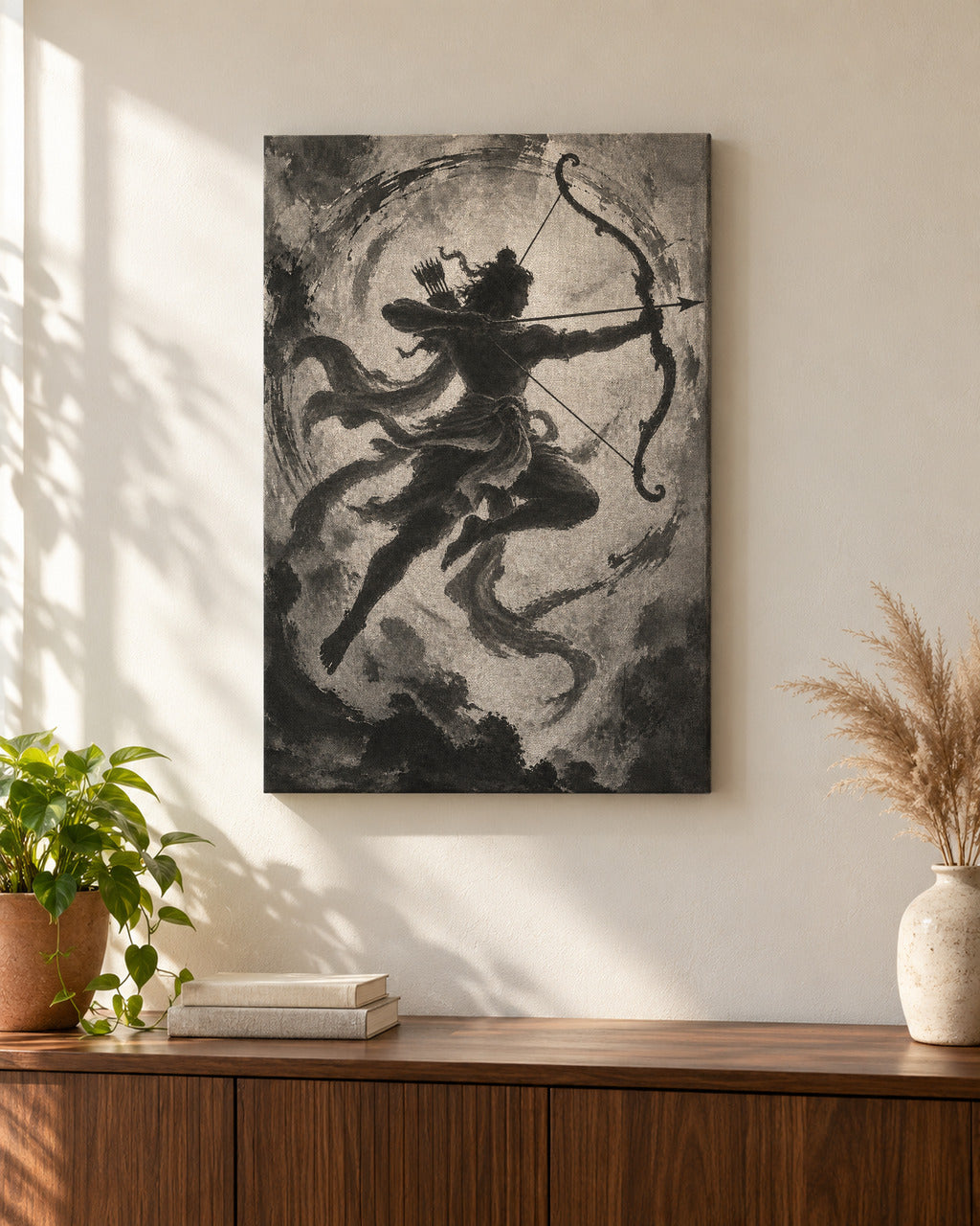 Archer Ram canvas above a walnut console in a sunlit living room