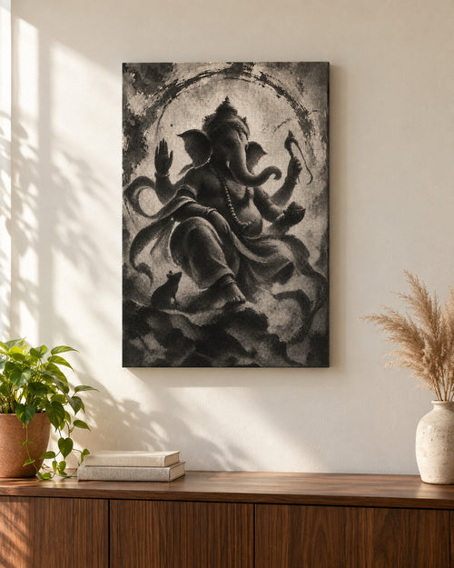 Blessing Ganesha canvas above a walnut console in a sunlit living room