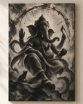 Blessing Ganesha canvas, close view of the ink wash on the canvas weave