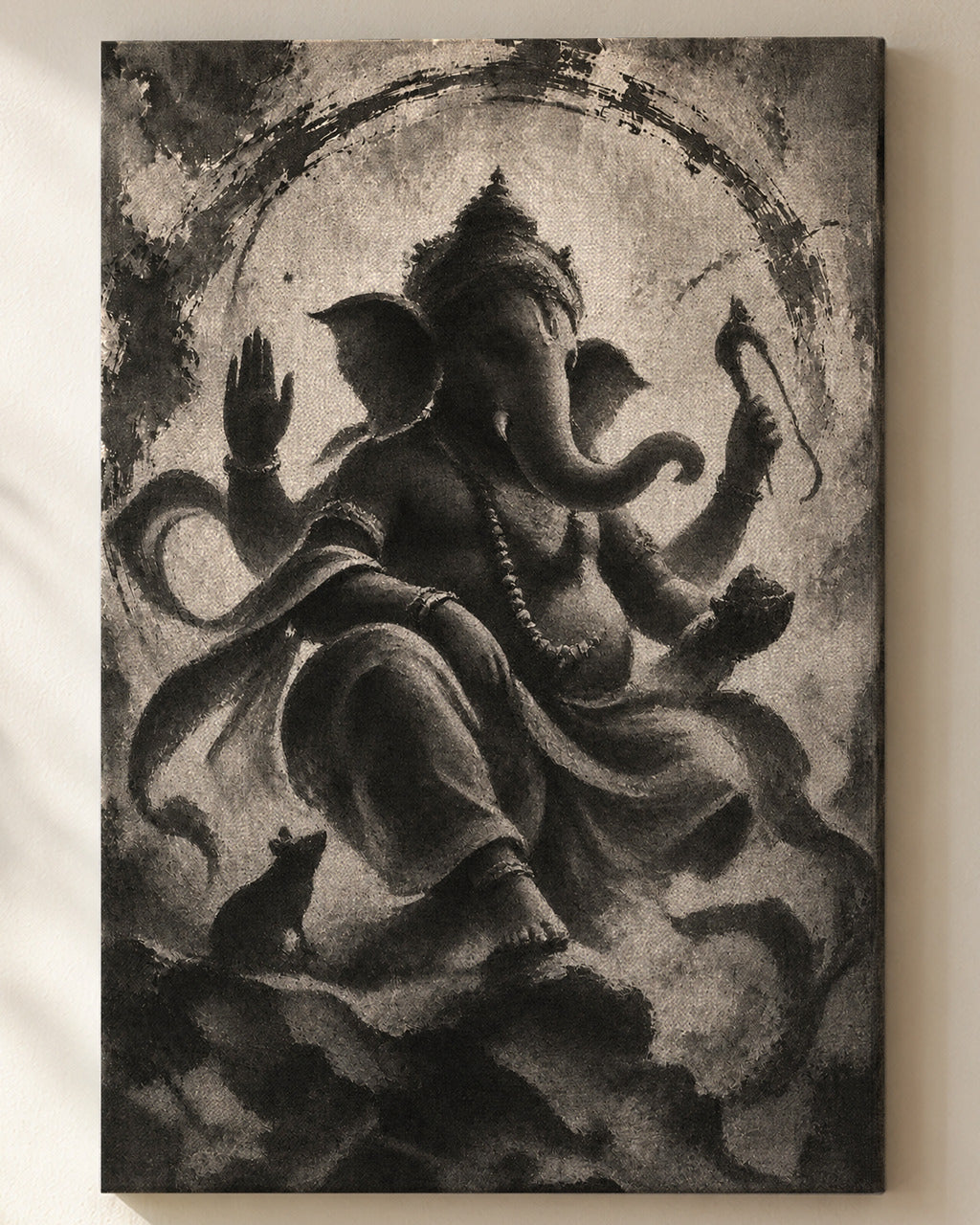 Blessing Ganesha canvas, close view of the ink wash on the canvas weave