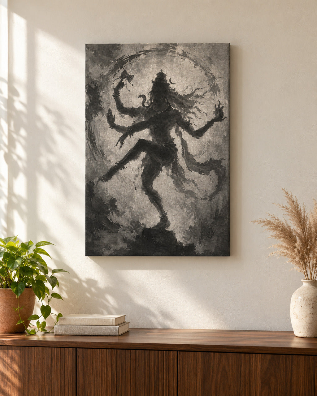 Cosmic Dance Nataraja canvas above a walnut console in a sunlit living room