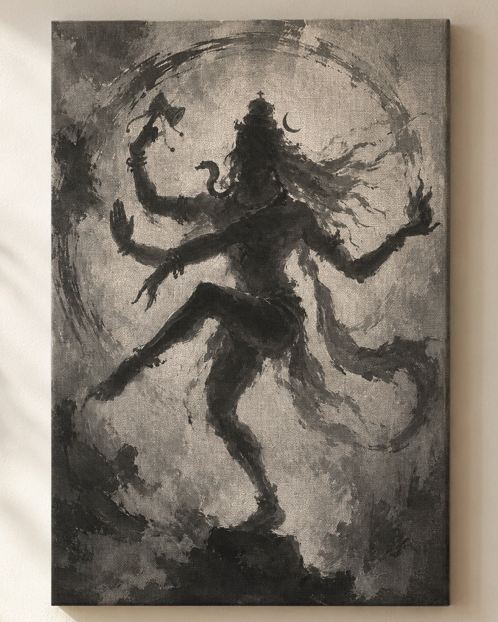 Cosmic Dance Nataraja canvas, close view of the ink wash on the canvas weave