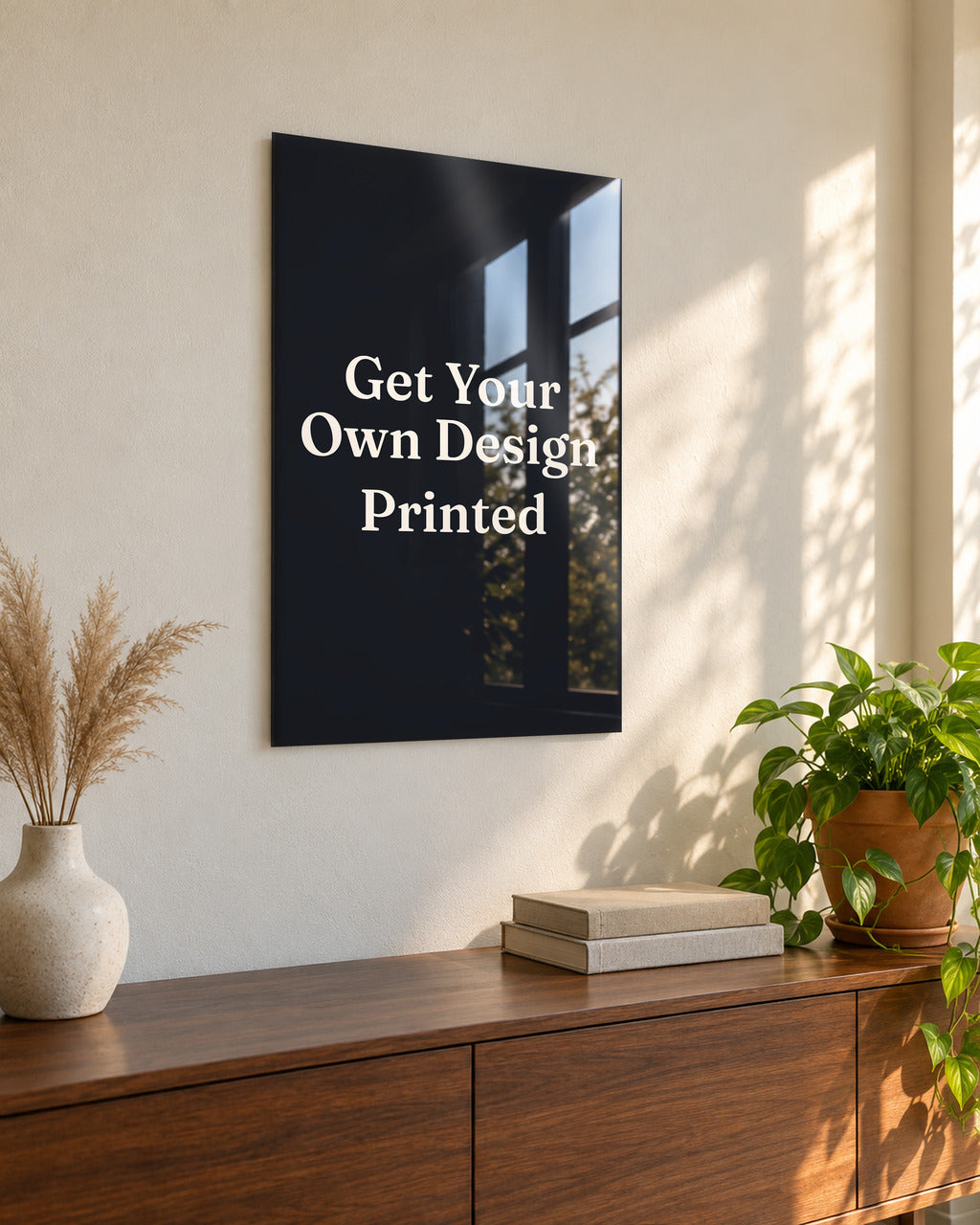 Custom design acrylic wall art above a walnut console in a sunlit living room