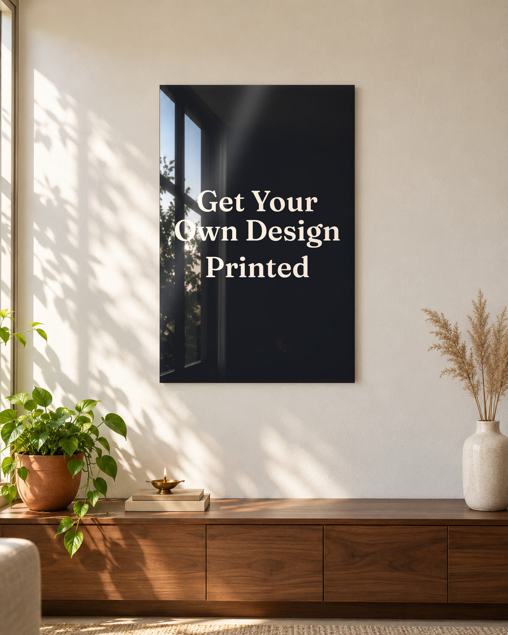 Custom design acrylic wall art, on a sunlit living-room wall above a console