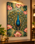 Dancing Lotus Peacock canvas above a wooden console in a warm, lamp-lit hallway