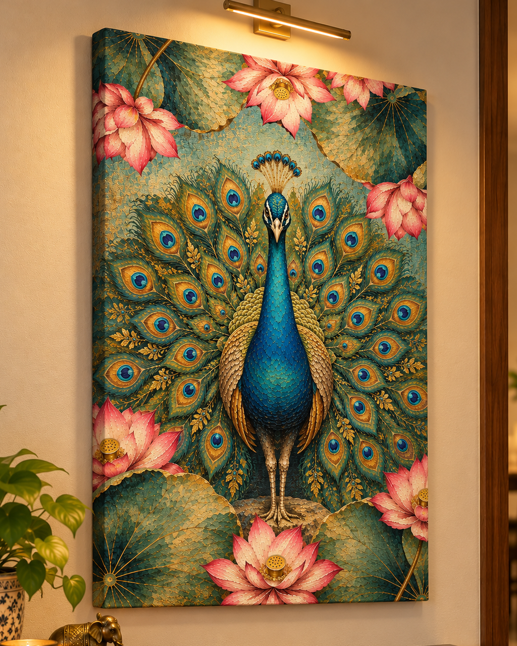 Dancing Lotus Peacock canvas framed closer on a warm wall under a brass picture light