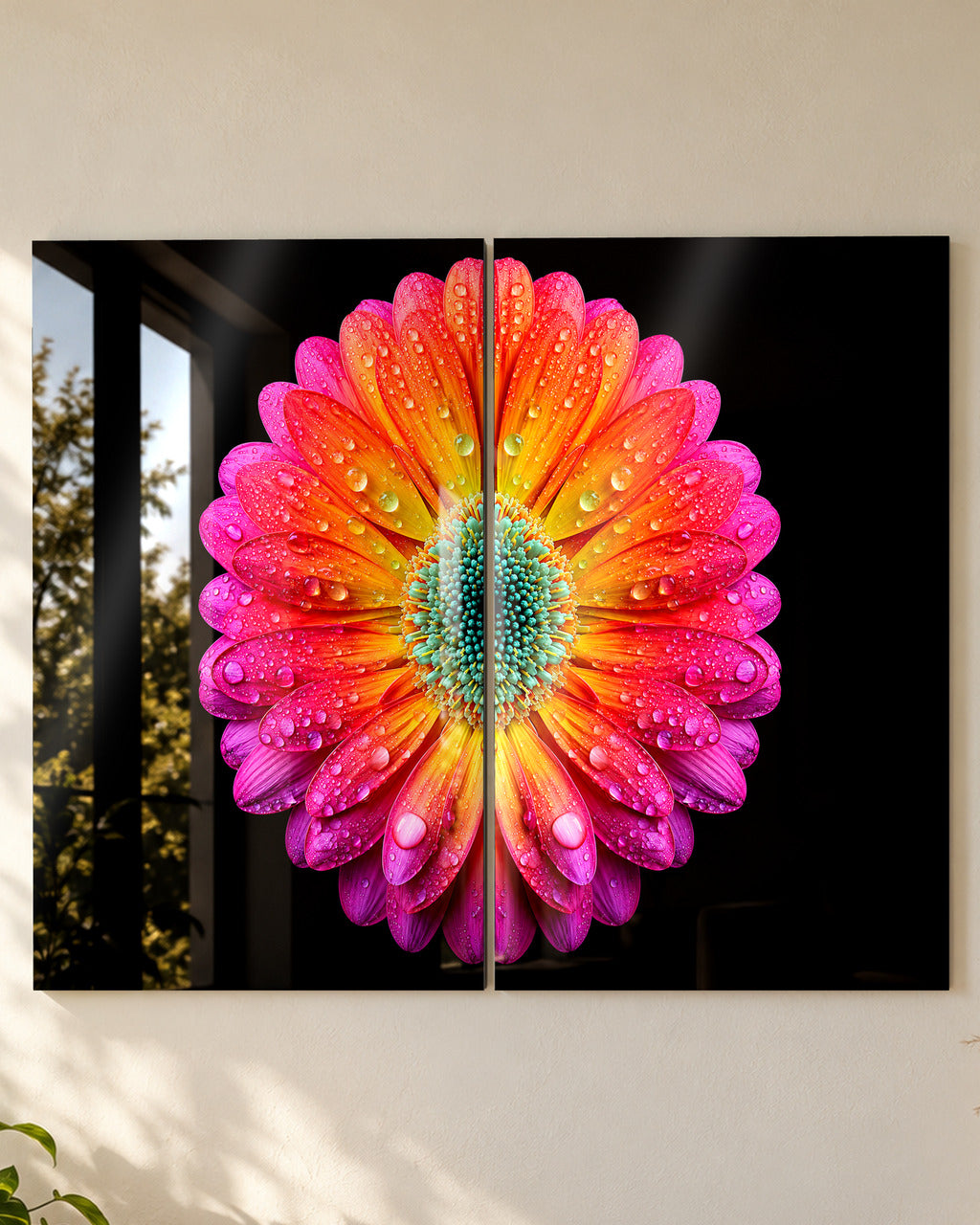 Dewdrop Gerbera Bloom set of 2 acrylic wall art, close-up of both panels