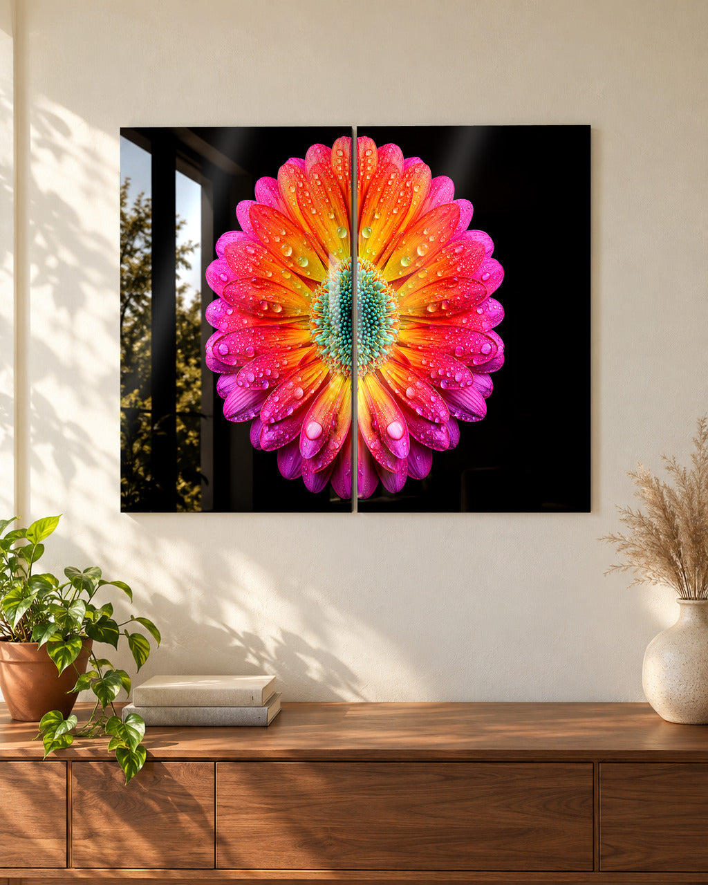 Dewdrop Gerbera Bloom set of 2 acrylic panels above a walnut console in a sunlit living room