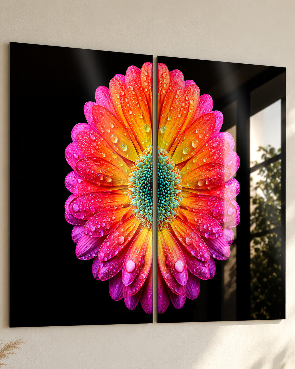 Dewdrop Gerbera Bloom set of 2 acrylic wall art, close-up from the side