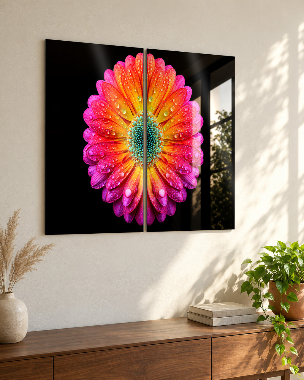 Dewdrop Gerbera Bloom set of 2 acrylic wall art, seen from the side in a living room