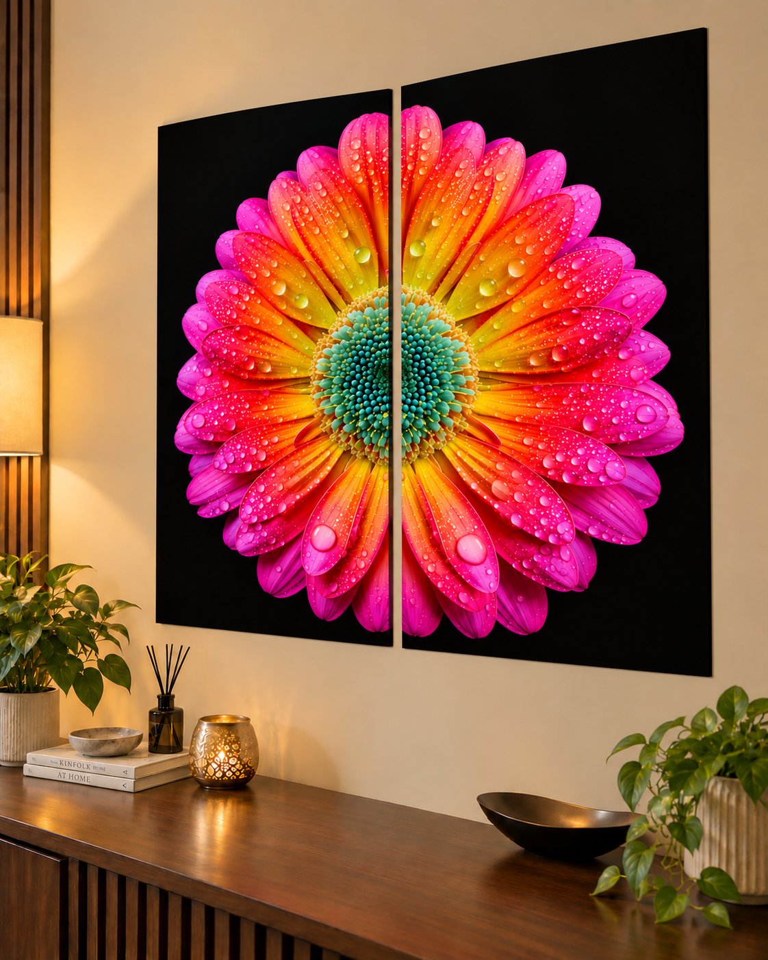 Dewdrop Gerbera Bloom set of 2 unframed poster on a wall