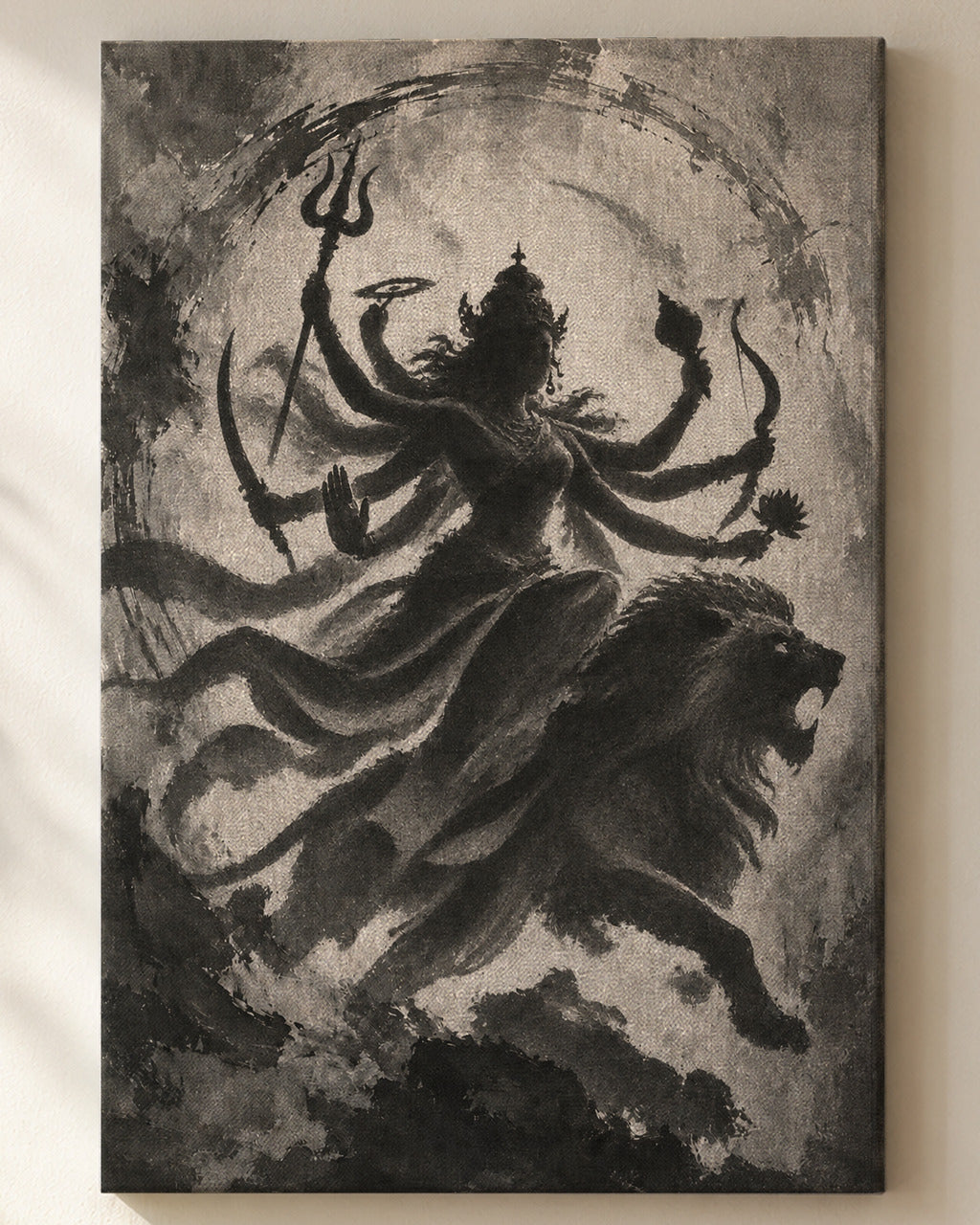 Durga on Her Lion canvas, close view of the ink wash on the canvas weave