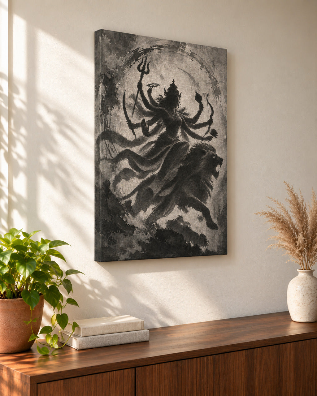 Durga on Her Lion canvas seen from the side, showing the gallery-wrapped edge