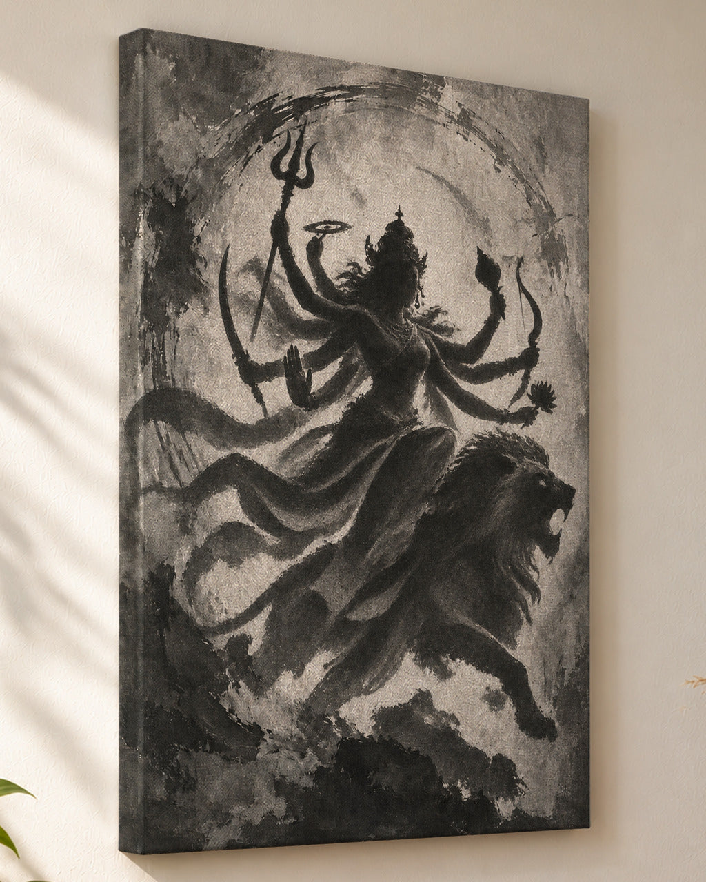 Durga on Her Lion canvas, close view of the gallery-wrapped side