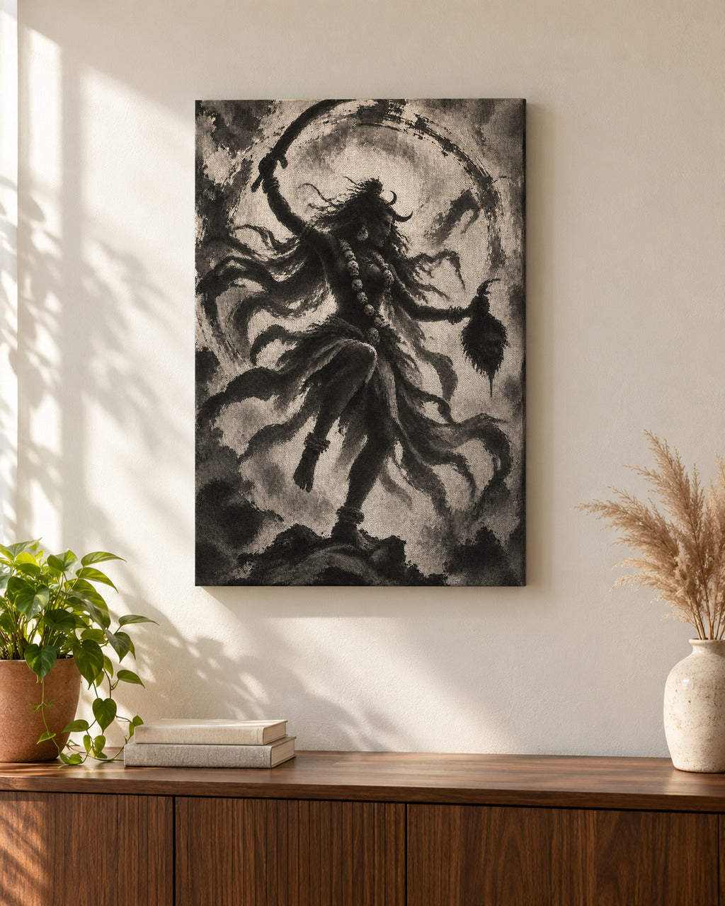 Fierce Kali canvas above a walnut console in a sunlit living room
