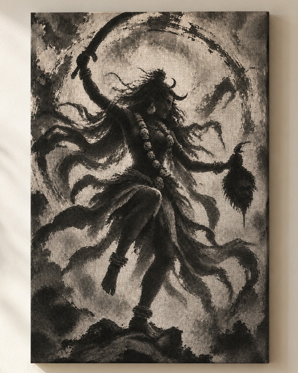 Fierce Kali canvas, close view of the ink wash on the canvas weave