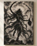 Fierce Kali canvas, close view of the ink wash on the canvas weave