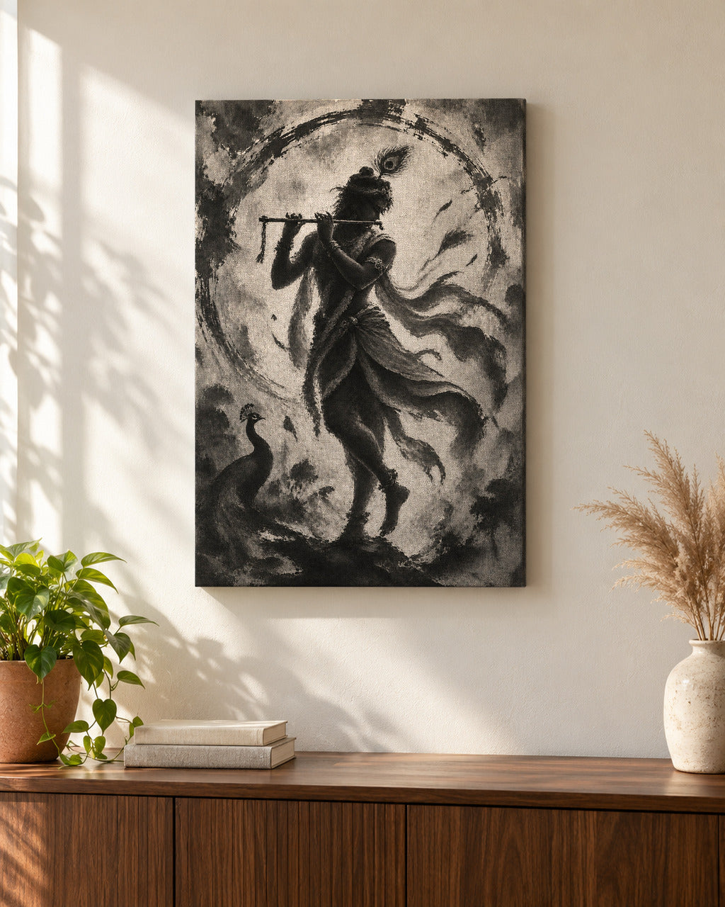 Flute-Playing Krishna canvas above a walnut console in a sunlit living room