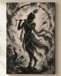 Flute-Playing Krishna canvas, close view of the ink wash on the canvas weave