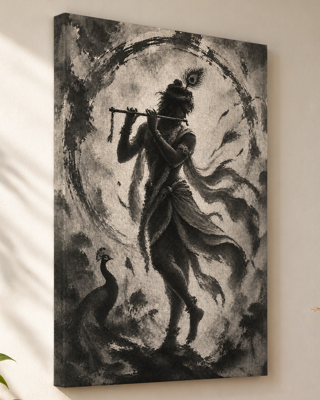 Flute-Playing Krishna canvas, close view of the gallery-wrapped side