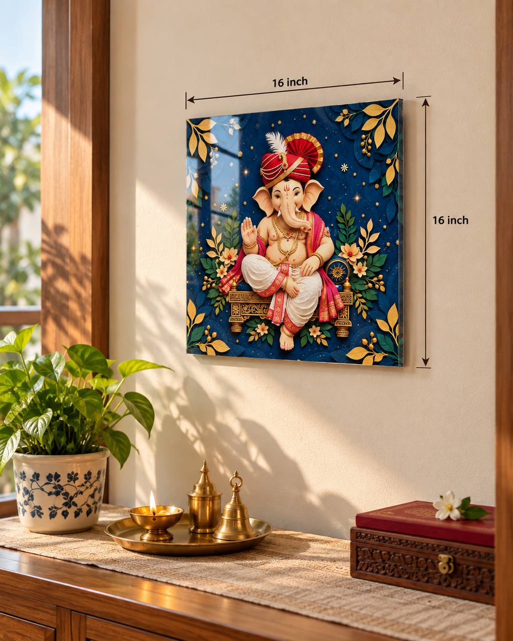 Ganesh acrylic wall art, 16 x 16 inch, above a pooja console