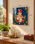 Ganesh acrylic wall art, 16 x 16 inch, above a pooja console
