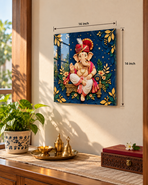 Ganesh acrylic wall art, 16 x 16 inch, above a pooja console