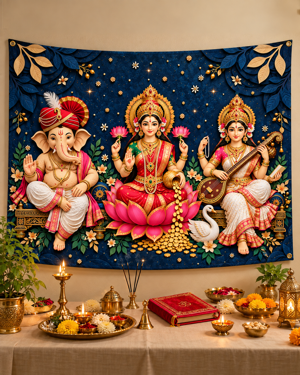 Ganesh Laxmi Saraswati tapestry hung as a pooja backdrop above a mandir table