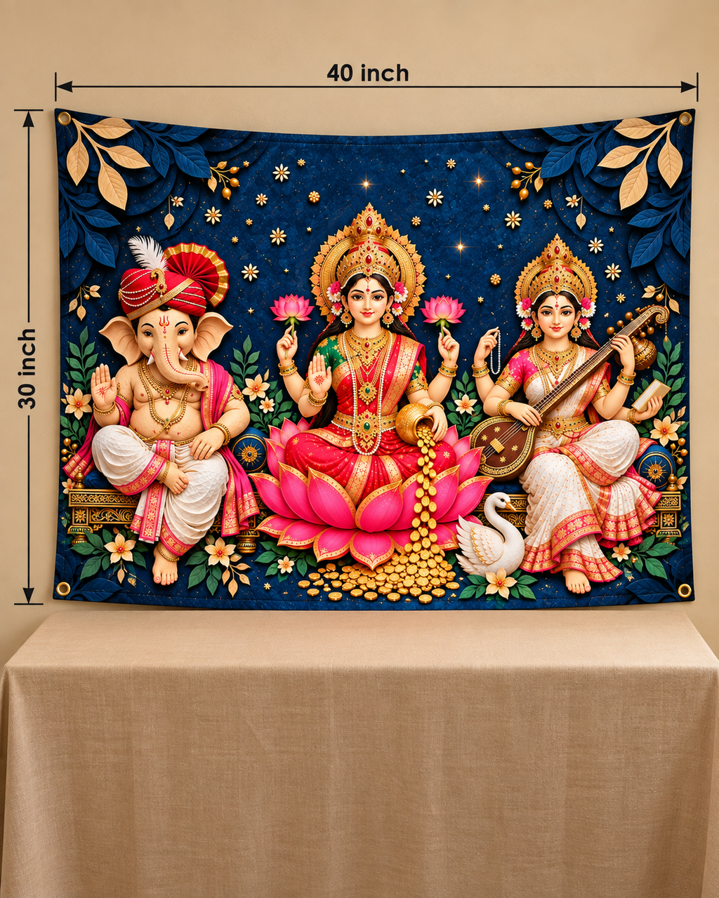 Ganesh Laxmi Saraswati tapestry size guide, 40 inch wide by 30 inch tall