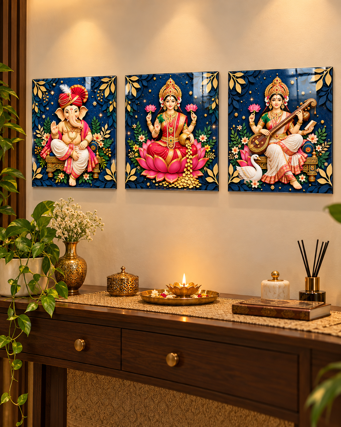 Ganesh, Laxmi and Saraswati acrylic wall art set above a pooja console