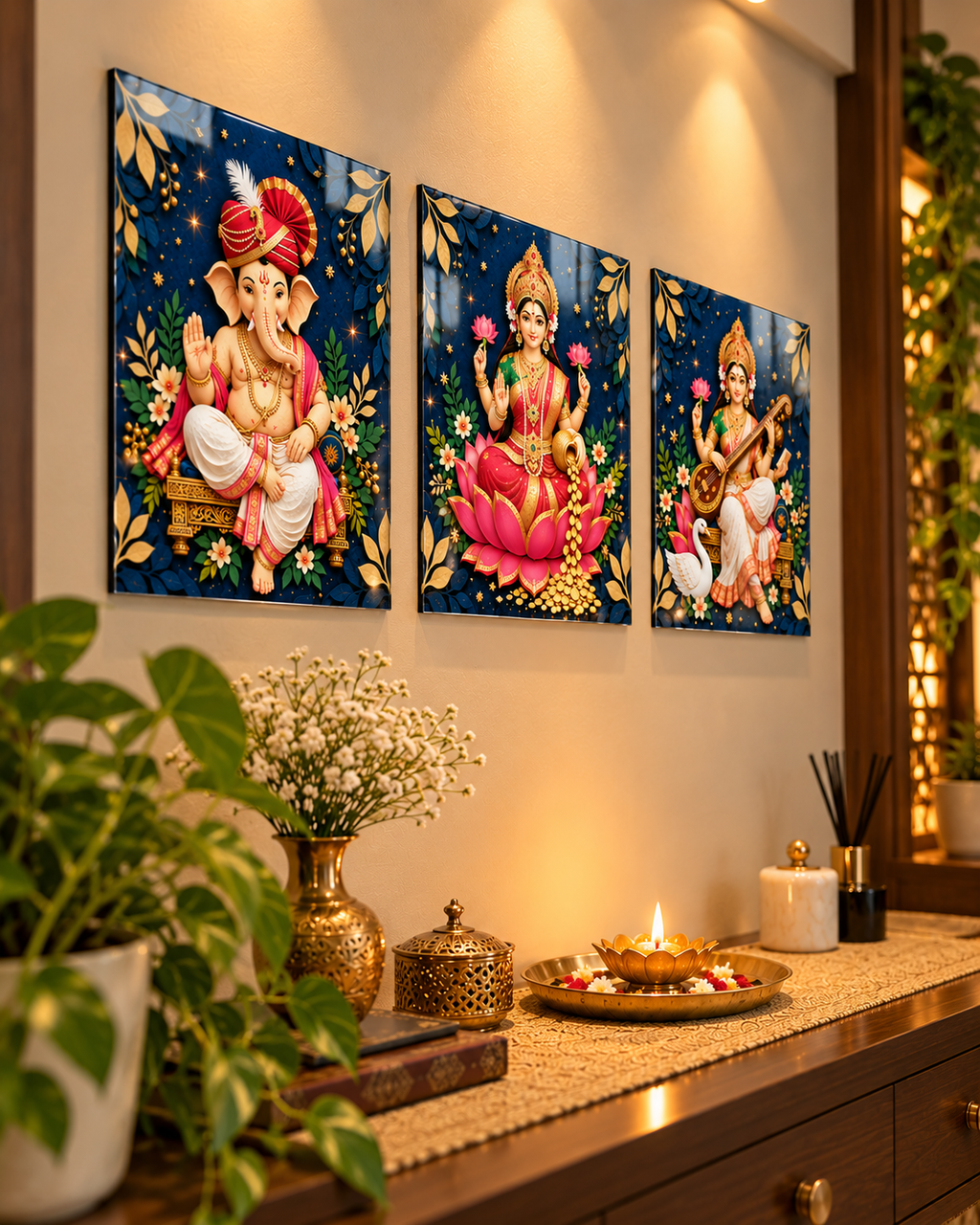 Ganesh, Laxmi and Saraswati acrylic panels, angled view