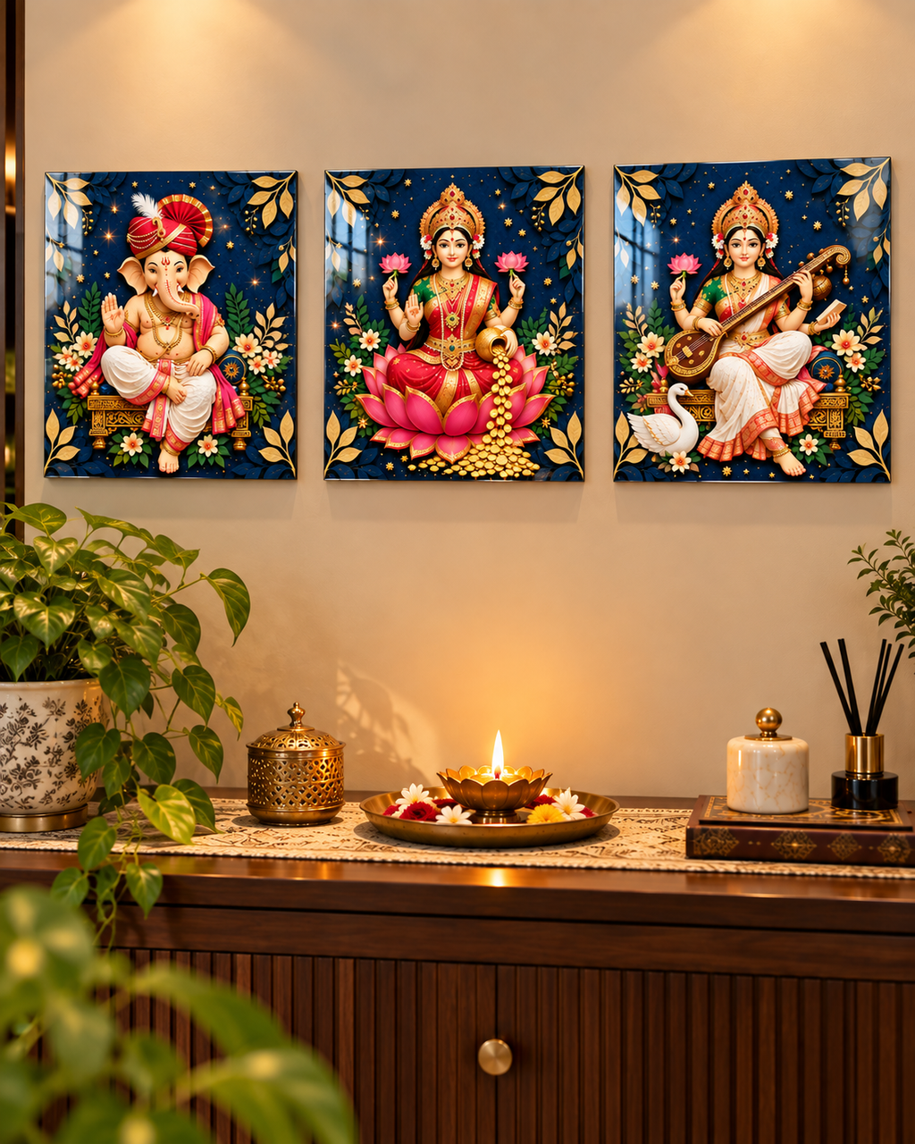 Ganesh, Laxmi and Saraswati acrylic panels on a warm-lit wall