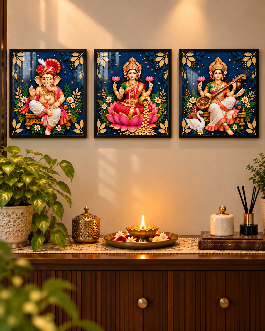 Ganesh, Laxmi and Saraswati posters in black frames