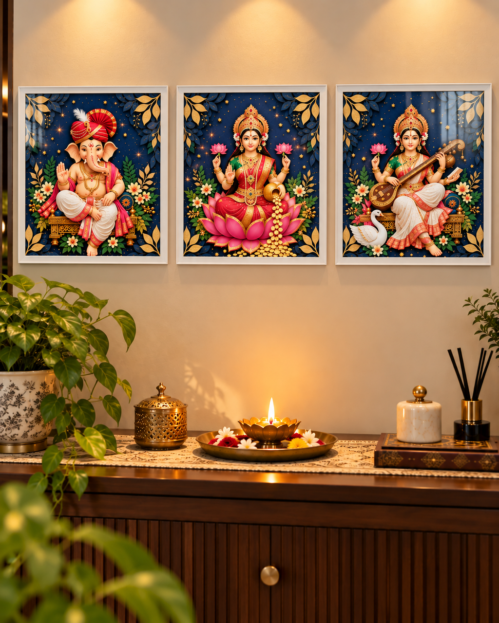 Ganesh, Laxmi and Saraswati posters in white frames