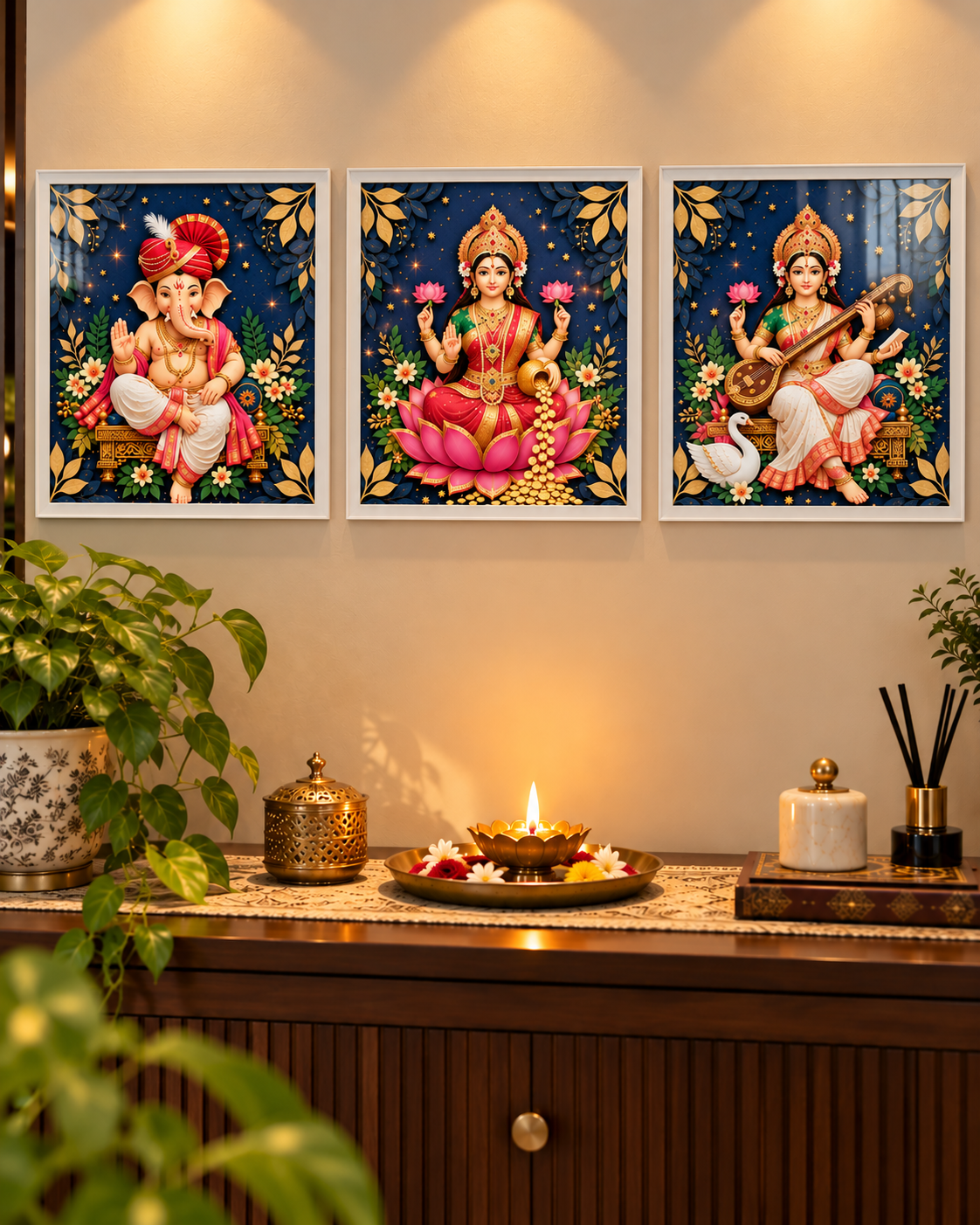 Ganesh, Laxmi and Saraswati posters in white frames