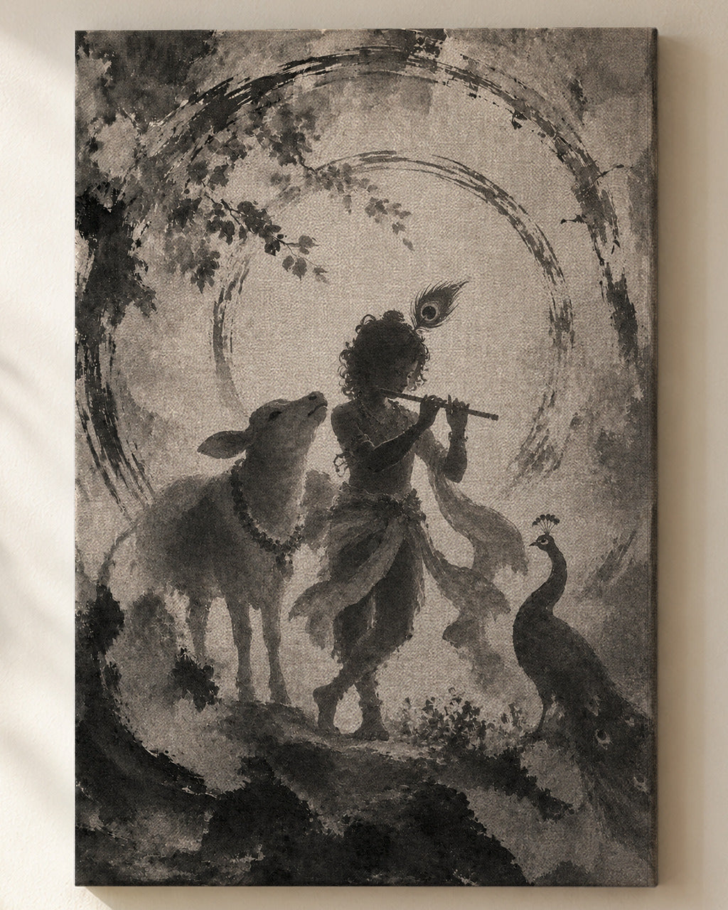 Gopala Krishna canvas, close view of the ink wash on the canvas weave