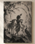 Gopala Krishna canvas, close view of the ink wash on the canvas weave
