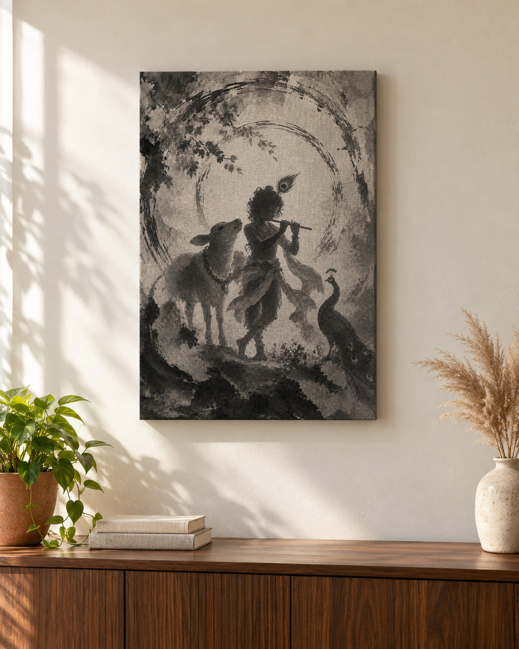 Gopala Krishna canvas above a walnut console in a sunlit living room