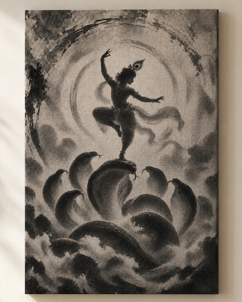 Kaliya Mardan Krishna canvas, close view of the ink wash on the canvas weave