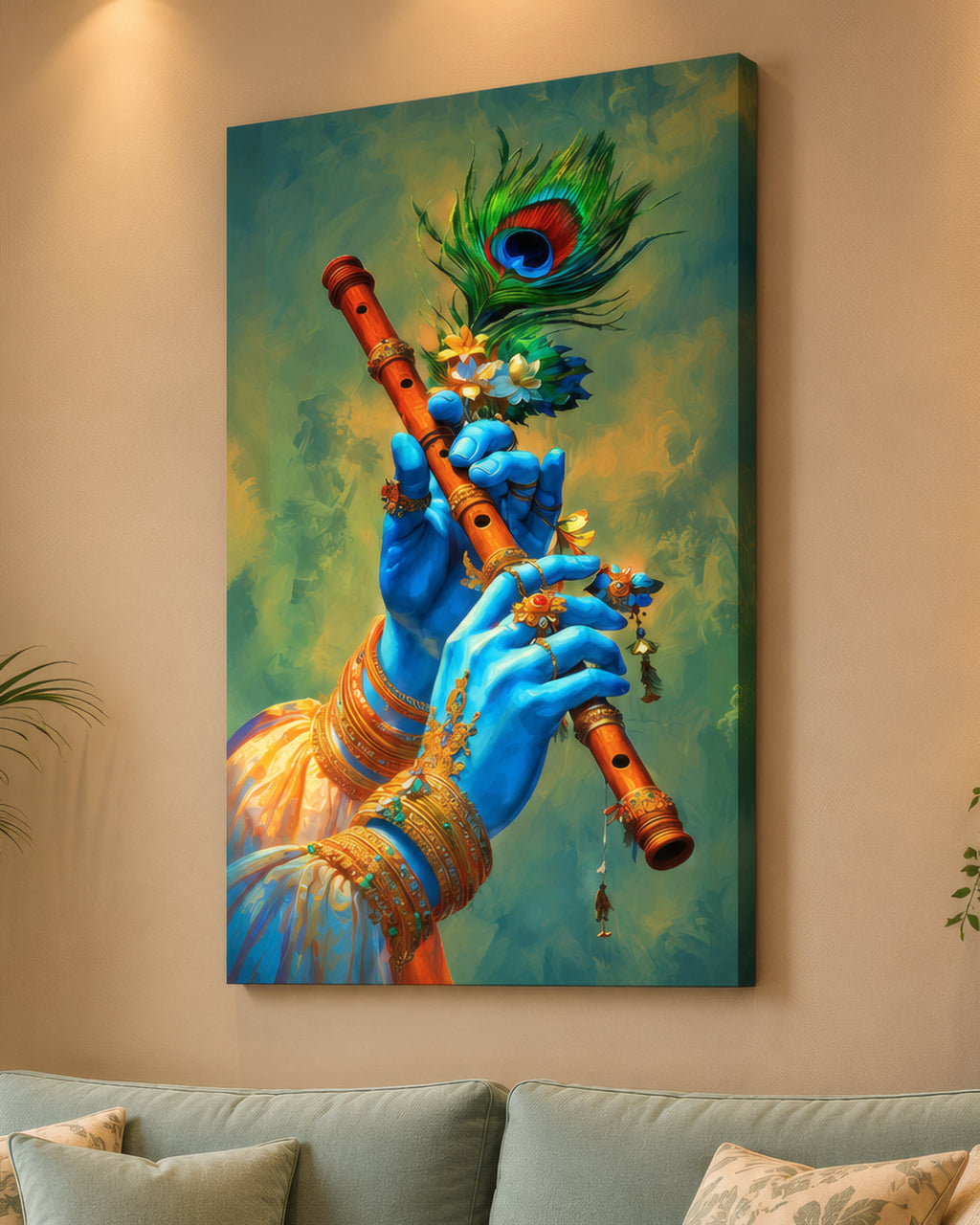 Krishna's Bansuri canvas in Teal & Gold above a sage sofa in a warm living room, close-up