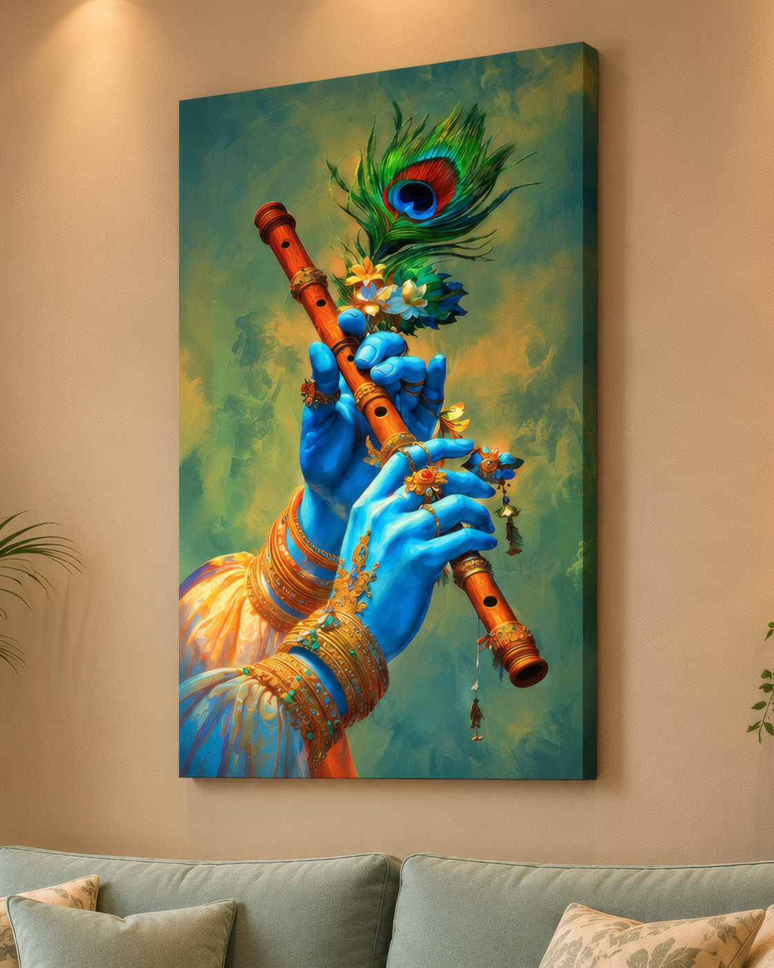 Krishna's Bansuri canvas in Teal & Gold above a sage sofa in a warm living room, close-up