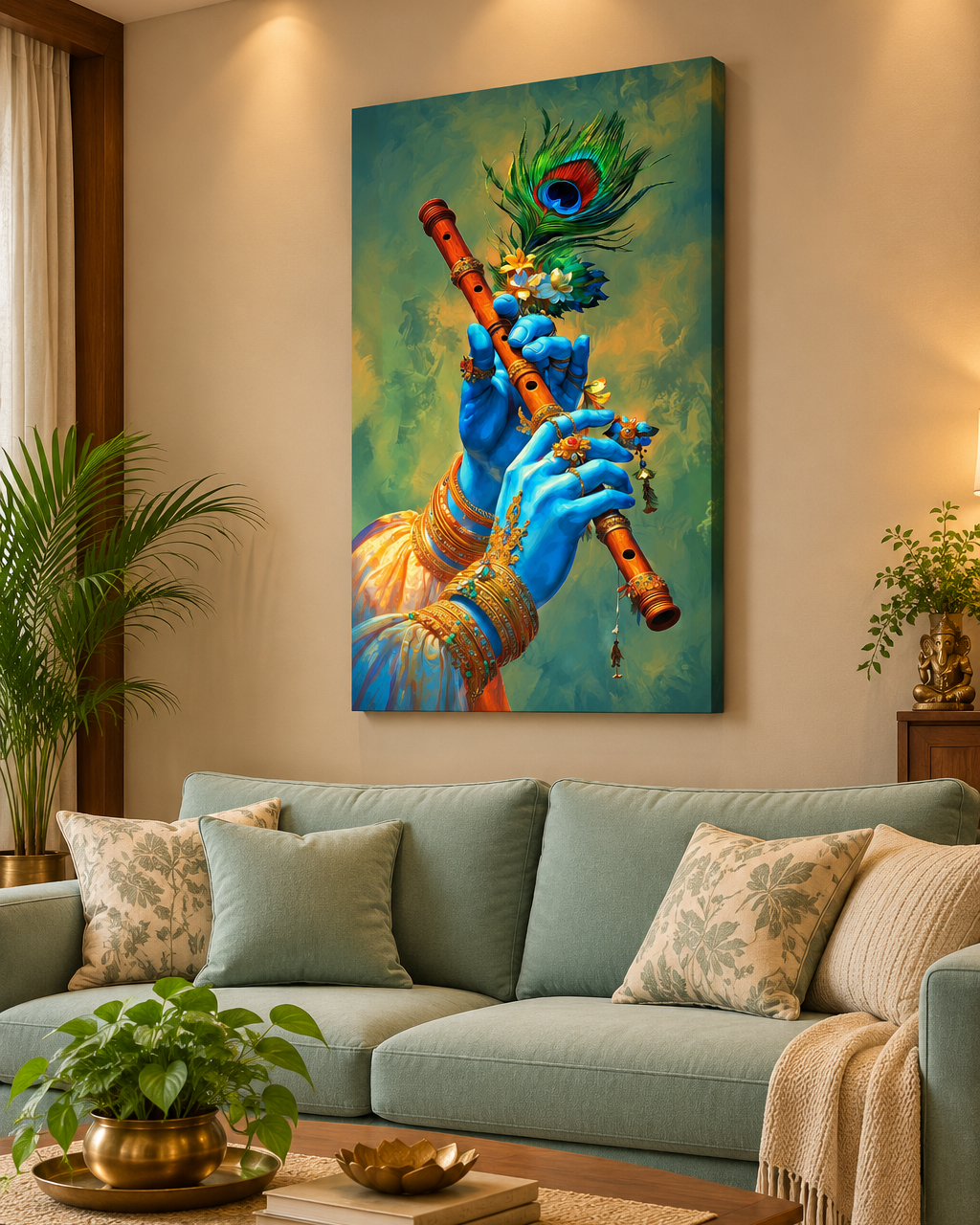 Krishna's Bansuri canvas in Teal & Gold above a sage sofa in a warm living room